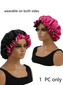 2pcs Elegant Breathable Satin Sleeping Cap - Elastic Sleep Shower Cap, Double Ruffle Trim, Women Silk Satin Sleeping Cap Sleep Bonnet - Black - View 2