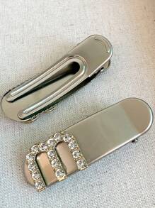 2pcs Women's Simple Metal Letter M Shape Hair Clips With Rhinestones, Silver Street Claw Clips Hair Claws Hair Barrettes, School Stuff, Looks Of Party, Hair Accessories, Head Accessories - Multicolor - View 2