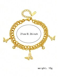 1 Pieza Vintage Y Sofisticado Pulsera De Doble Capa De Enlace De Acero Inoxidable Con Colgante De Mariposa Hueco De Metal Y Strass Para Las Mujeres, Adecuado Para Uso Diario - Pulsera - Ver 9