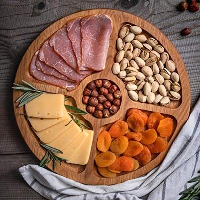 1pc, Wooden Plate Cheese Board, Five Grids Dividers Food Tray, Multifunctional Fruit Tray,,Appetizer Creative Snack Tray,Household Dessert Plate, Reusable Fruit Tray, Kitchen Decoration, Kitchen Stuff, Candy Wedding Storage Platter