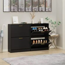 CARPETNAL Shoe Cabinet For Entryway, Slim Shoe Cabinet With 2 Flip Drawers Narrow Shoe Storage Cabinet 2 Tier Freestanding Shoe Organizer For Entryway, Hallway, Living Room - Black - View 5