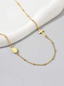1 chiếc vòng cổ mặt thánh giá tôn giáo bằng thép không gỉ mạ vàng 18K chất lượng cao, thời trang tối giản, quà tặng may mắn cho phụ nữ, đeo hàng ngày - Vàng - Xem 1