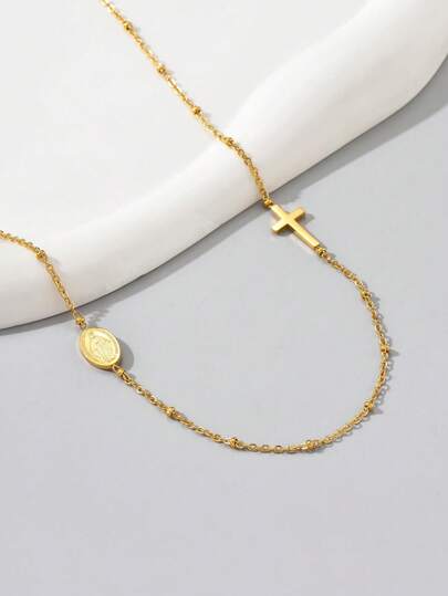 1pc 18K Gold Plated Stainless Steel Minimalist Fashion High Quality Religious Virgin Mary Cross Pendant Necklace, Lucky Gift For Women, Daily Wear