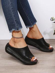 Plus Size Peep Toe Wedge Slippers 2024 Summer New Rubber Thick-Bottomed Leather Casual Women Shoes
