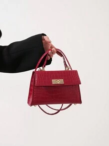 Fashionable Mini Metallic Alligator Pattern Crossbody & Handbag With Flip Lock Twist Closure - Burgundy - View 3