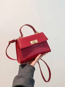 Fashionable Mini Metallic Alligator Pattern Crossbody & Handbag With Flip Lock Twist Closure - Burgundy - View 6