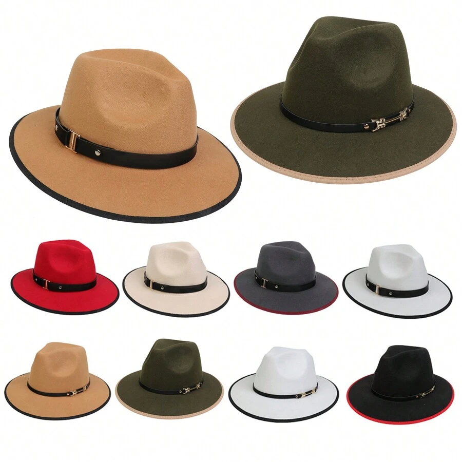 1入女性PU皮帶扣綜色毛呢斗笠巴拿馬帽牛仔帽遮陽帽，寬邊針織經典1920年代盛放時期的大西洋花紋服裝爵士帽下垂造型舞臺攝影道具旅行帽。牛仔帽女牛仔帽 - 多色 - 查看 1