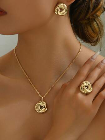 A New Set Of Elegant Metal Twisted Flower Pendant Earrings, Necklaces And Rings, Exquisite And Versatile, Charming Women's Spring And Summer Jewelry Set Valentines