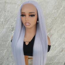 32 Inches Long Silky Straight Light Blue Color Synthetic Lace Front Wigs Pre Plucked Baby Hair Natural Hairline Synthetic 13x4x1 T Frontal Lace Replacement Wigs Glueless Heat Resistant Fiber For Fashion Women Girls Party Vacation Show Makeup Use Daily Wear - 淺藍色 - 查看 6
