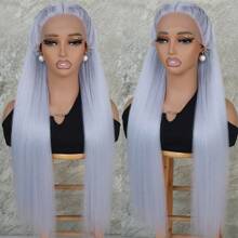 32 Inches Long Silky Straight Light Blue Color Synthetic Lace Front Wigs Pre Plucked Baby Hair Natural Hairline Synthetic 13x4x1 T Frontal Lace Replacement Wigs Glueless Heat Resistant Fiber For Fashion Women Girls Party Vacation Show Makeup Use Daily Wear - 淺藍色 - 查看 1