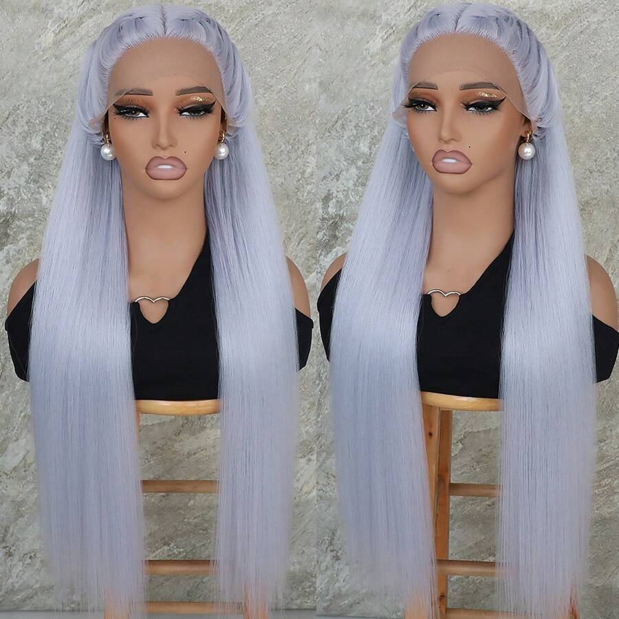 32 Inches Long Silky Straight Light Blue Color Synthetic Lace Front Wigs Pre Plucked Baby Hair Natural Hairline Synthetic 13x4x1 T Frontal Lace Replacement Wigs Glueless Heat Resistant Fiber For Fashion Women Girls Party Vacation Show Makeup Use Daily Wear - 淺藍色 - 查看 1
