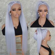 32 Inches Long Silky Straight Light Blue Color Synthetic Lace Front Wigs Pre Plucked Baby Hair Natural Hairline Synthetic 13x4x1 T Frontal Lace Replacement Wigs Glueless Heat Resistant Fiber For Fashion Women Girls Party Vacation Show Makeup Use Daily Wear - 淺藍色 - 查看 2