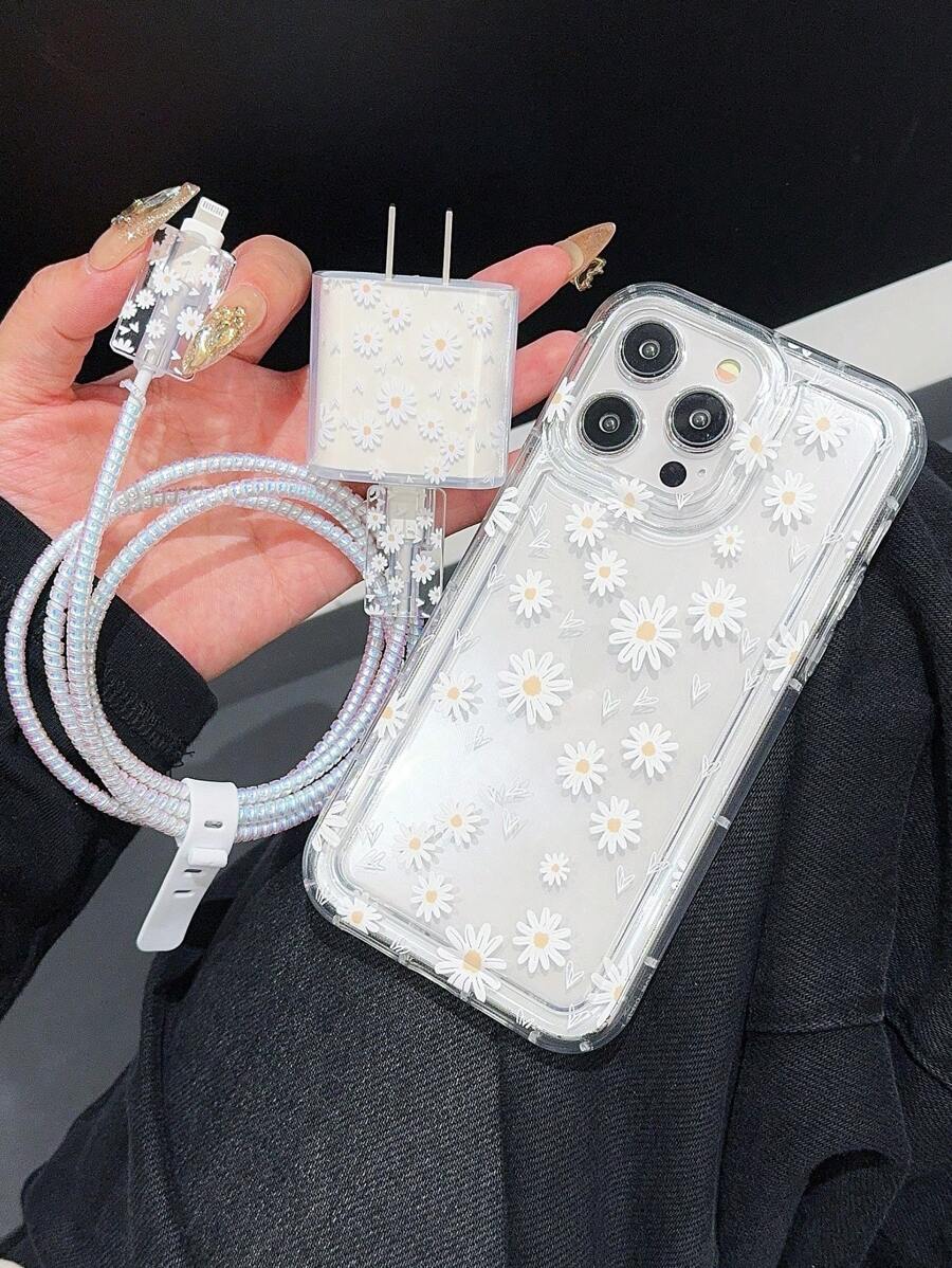 1 Set: Daisy Inflated Phone Case, Charger Cable Protector, Winding Cord Bite-Resistant Accessories Compatible With Apple Phones Charger Protector - Multicolor - View 1