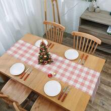 1入組粉白相間格紋紅白方格設計新年桌布，適用於野餐桌布、假日小屋裝飾桌布和露營派對裝飾用品 - 均碼 - 查看 7