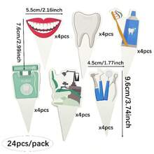 24pcs/Package Dental Doctor Themed Cake Toppers Featuring Toothbrush, Toothpaste, Cleaning Seat, Teeth Print, Perfect For Tooth Care, Holiday, Birthday, Party Cake Decorating, Dessert Table, Cupcake Picks, Cardstock And Paper Decorations - Multicolor - View 2