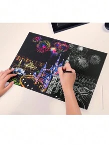 Kit de 2 hojas grandes para rascar de 40.5 x 28.5 cm, con 1 palillo rascador, arte de papel negro para raspar, paisajes y edificios, para niños, estudiantes, adolescentes, regalo manualidades - Castillo - Ver 1