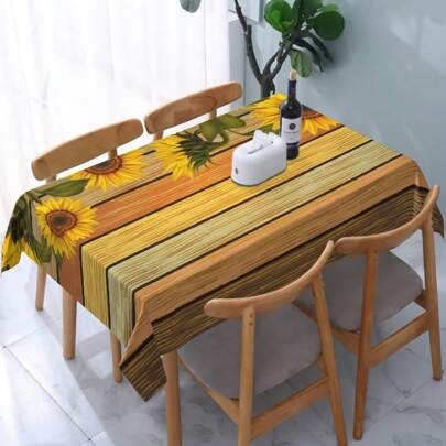1 Pieza Hermoso Mantel Rectangular De Poliéster Con Patrón De Girasol, Textura De Grano De Madera Multicolor, A Prueba De Agua Y Resistente A Las Arrugas Para Comedor