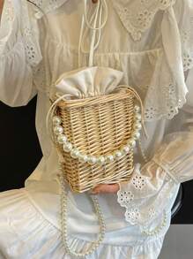 迷你織物抽繩袋,配珍珠鏈,適用於女士手提包、肩背包、斜跨包,是度假和旅行的理想選擇 - 卡其色 - 查看 1