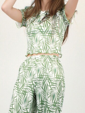 2件装女士薄款绿色针织印花睡衣，修身款，适合春夏季居家穿着