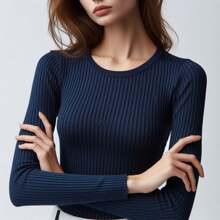 Women's Ribb Long Sleeve Round Neck Slim Fit T-Shirt - 藏蓝色 - 查看 2