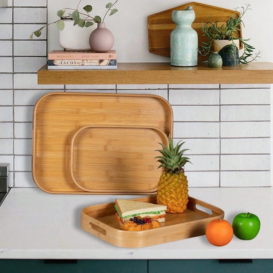 One 18.1 Inch Decorative Tray With Handle And Storage Compartment, Suitable For Breakfast, Lunch, Dinner, Appetizers, Yard, Bench, Coffee Table, BBQ, Parties, Perfect Bamboo Tray For Use On Lap And Couch - Primary Color - View 1