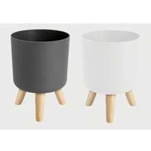 落地式圆形花盆脚香草自动浇水排水系统盆景植物带木腿苗圃现代 - 白色 - 查看 5