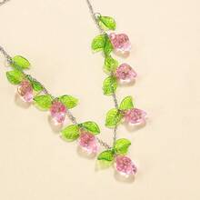 1入自然藝術風格丙烯酸鐵綠葉＆粉色玫瑰＆鏈項鍊女士配戴，適用於約會和外出 - 彩色 - 查看 1