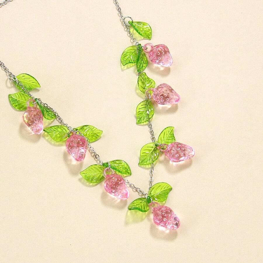 1入自然藝術風格丙烯酸鐵綠葉＆粉色玫瑰＆鏈項鍊女士配戴，適用於約會和外出 - 彩色 - 查看 1