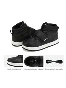 Boys Girls High Top Sneakers Hook-Loop Strap Fashion Basketball Sneakers Comfortable Kids Shoes - 黑色 - 查看 8