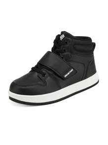 Boys Girls High Top Sneakers Hook-Loop Strap Fashion Basketball Sneakers Comfortable Kids Shoes - 黑色 - 查看 9