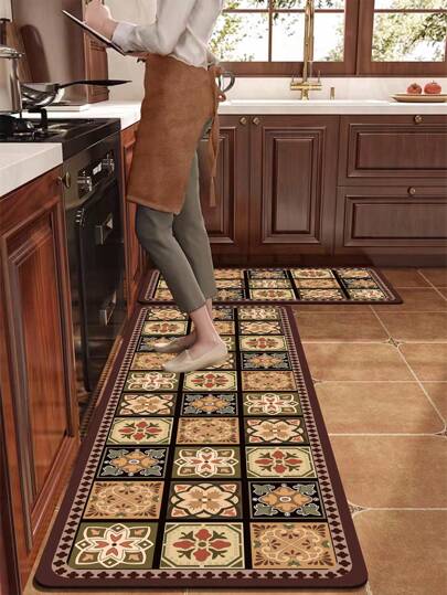 1 pieza de alfombra de silicona para cocina con diseño de línea vintage, patrón de bloque de color y degradado, antifatiga, a prueba de agua, alfombra impermeable antideslizante adecuada para cocina, baño, entrada, lavandería, etc., decoración para la habitación