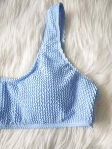 欧美新款夏季性感镂空纯色比基尼两件套泳衣，度假罗纹沙滩装 - 淺藍色 - 查看 6