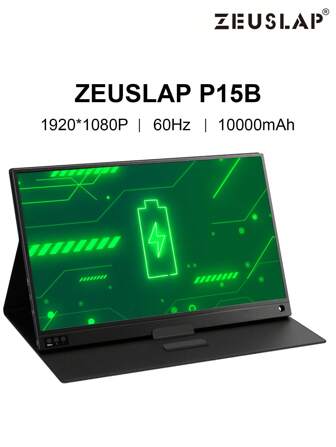 ZEUSLAP P15B 15.6 Inch Portable Monitor, 1920*1080 60Hz Computer Gaming Portable Monitor Built-in Battery for PC, Laptop, Switch, PS4/5, Console, Xbox etc.(European Standard Plug)