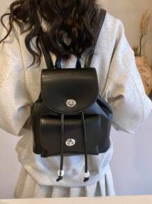 Fashionable New Simple Style Women Lock Buckle Backpack Female Bag Shoulder Handbag Travel Backpack - Black - View 2