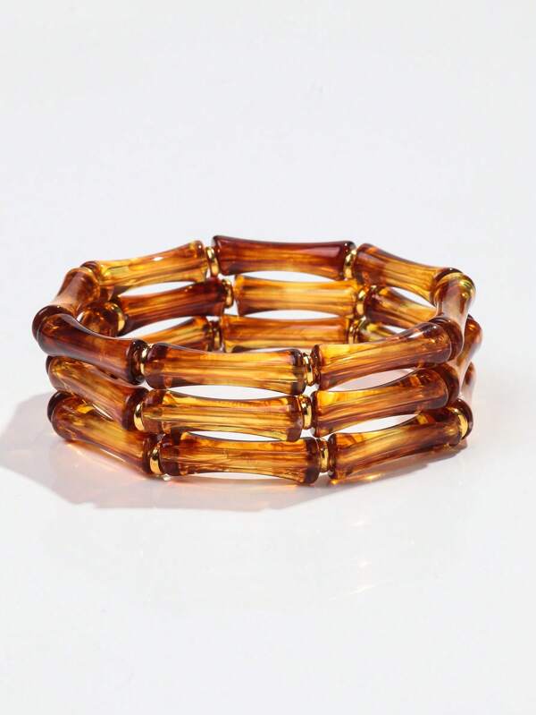 1 Set Of 3 Acrylic Marble Texture Bamboo Segment Beaded Bracelets, Moss Green, Suitable For Daily Wear