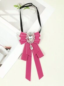 1pc Women's Fashion Black Gemstone Pendant With Black Ribbon Bow Necktie, Suitable For Banquet, Gift, School Outfit - Black - View 11