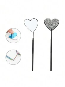 1pc Stainless Steel Heart Shaped Rhinestone-Inlaid Eyelash Mirror, Colored Eyelash Inspection Mirror