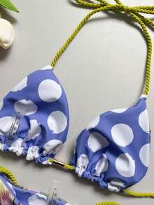 Damski, tropikalny nadruk, pleciony, wiązany na szyi, zestaw bikini na lato - Wielokolorowe - Zobacz 4