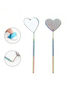 1pc Stainless Steel Heart Shaped Rhinestone-Inlaid Eyelash Mirror, Colored Eyelash Inspection Mirror