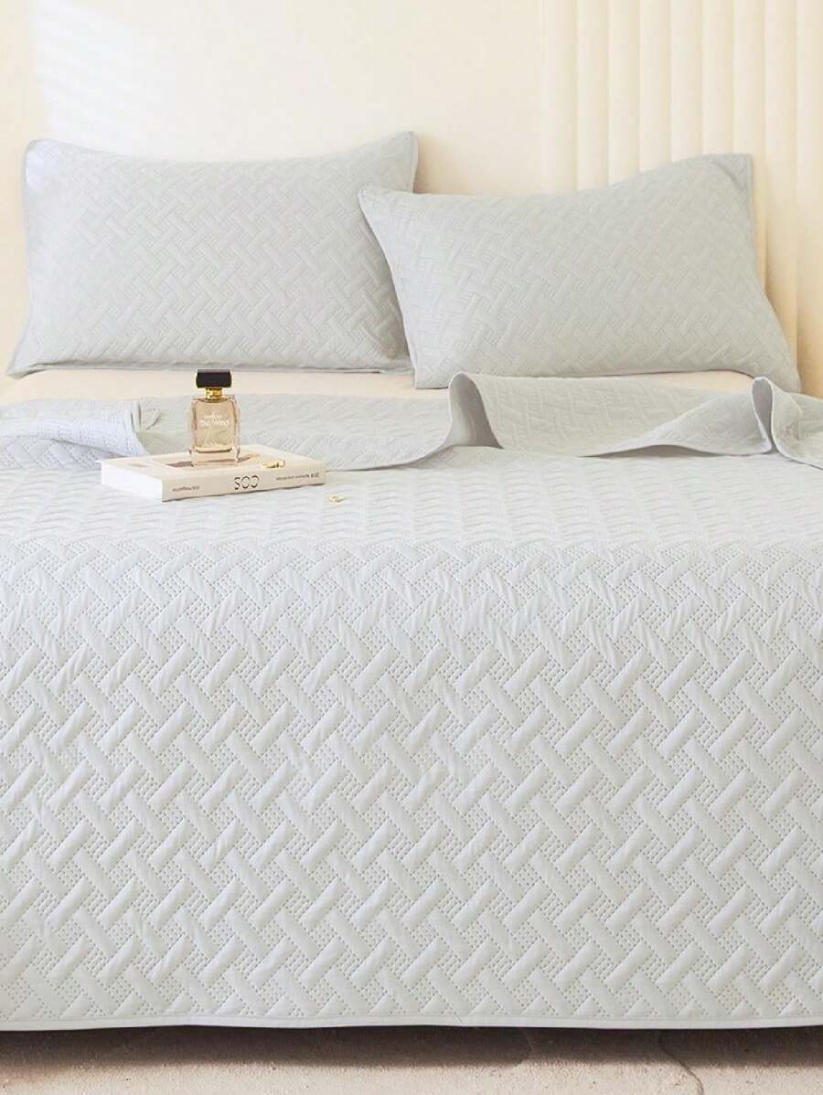 Colcha tamaño Queen en colores azul, café, rosa y blanco | Tejido ligero | Lavable a máquina, fácil cuidado - Gris Claro - Ver 1