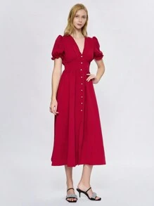 Vestido decuello en v profundo de manga farol bajo con fruncido Volantes Cintura ceñida - Rojo - Ver 3