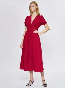 Vestido decuello en v profundo de manga farol bajo con fruncido Volantes Cintura ceñida - Rojo - Ver 4