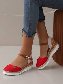 Nuevas sandalias de mujer para primavera/verano, zapatos de pescador con suela de paja, tacón de cuña, punta cerrada, sandalias romanas tejidas para damas - Rojo - Ver 2