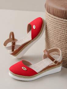 Nuevas sandalias de mujer para primavera/verano, zapatos de pescador con suela de paja, tacón de cuña, punta cerrada, sandalias romanas tejidas para damas - Rojo - Ver 7
