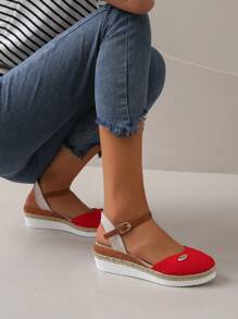Nuevas sandalias de mujer para primavera/verano, zapatos de pescador con suela de paja, tacón de cuña, punta cerrada, sandalias romanas tejidas para damas - Rojo - Ver 4