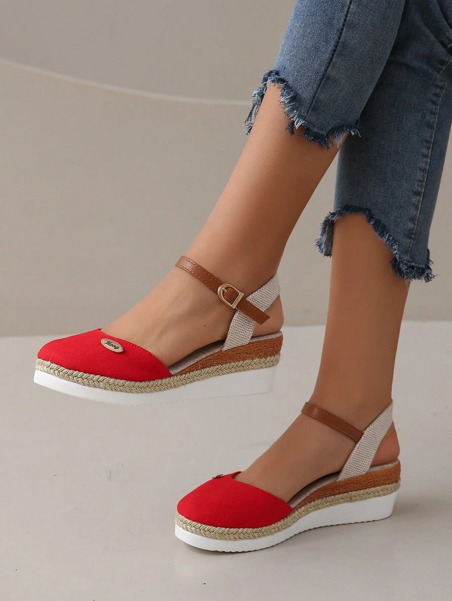 Nuevas sandalias de mujer para primavera/verano, zapatos de pescador con suela de paja, tacón de cuña, punta cerrada, sandalias romanas tejidas para damas - Rojo - Ver 1