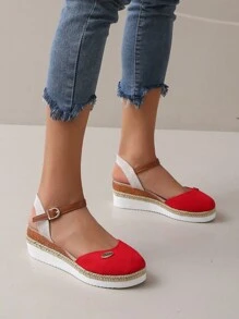 Nuevas sandalias de mujer para primavera/verano, zapatos de pescador con suela de paja, tacón de cuña, punta cerrada, sandalias romanas tejidas para damas - Rojo - Ver 3