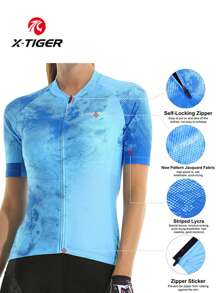 X-TIGER Women's Zip Cycling Jersey With 3 Back Pockets Cycling Top Shirt Short Sleeve For Sport, Fitness, Mountain And Road Cycling Compression Shirt Spring Tops - Dusty Blue - View 1