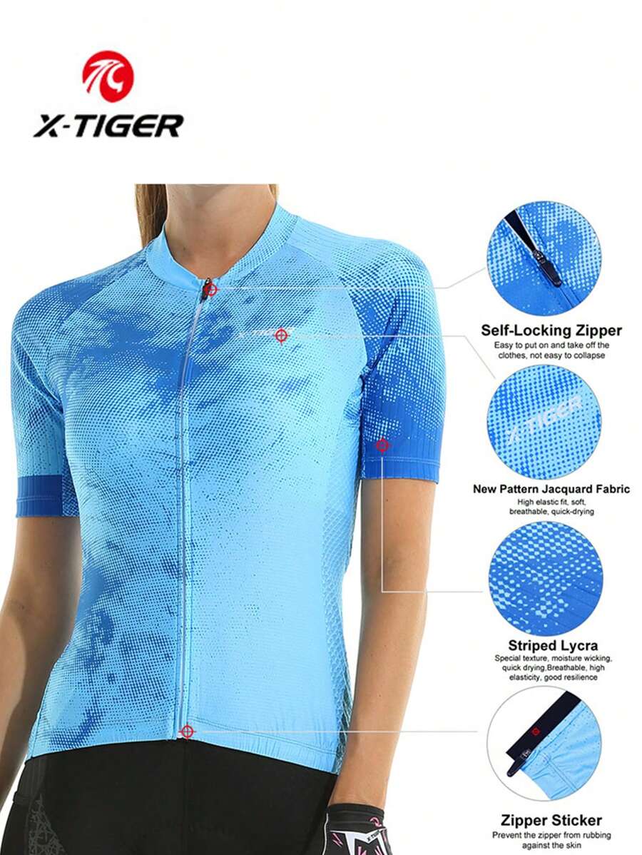 X-TIGER Women's Zip Cycling Jersey With 3 Back Pockets Cycling Top Shirt Short Sleeve For Sport, Fitness, Mountain And Road Cycling Compression Shirt Spring Tops - Dusty Blue - View 1