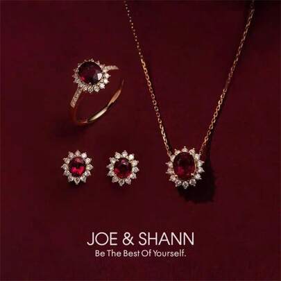 1 pieza Set de anillo, collar, y aretes de rubí rojo vintage de lujo, elaborado con plata S925, circonita cúbica y diamantes brillantes, bañado en oro de 18K, perfecto para bodas, fiestas y uso diario, regalo ideal para madres, mejores amigas o novias en su cumpleaños